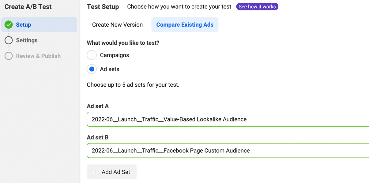 image of Setup step for A/B test in Ads Manager