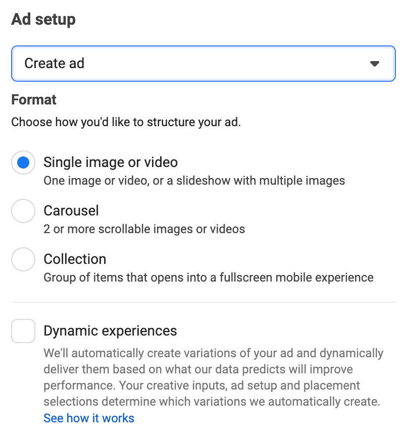 Facebook Ads Manager ad format