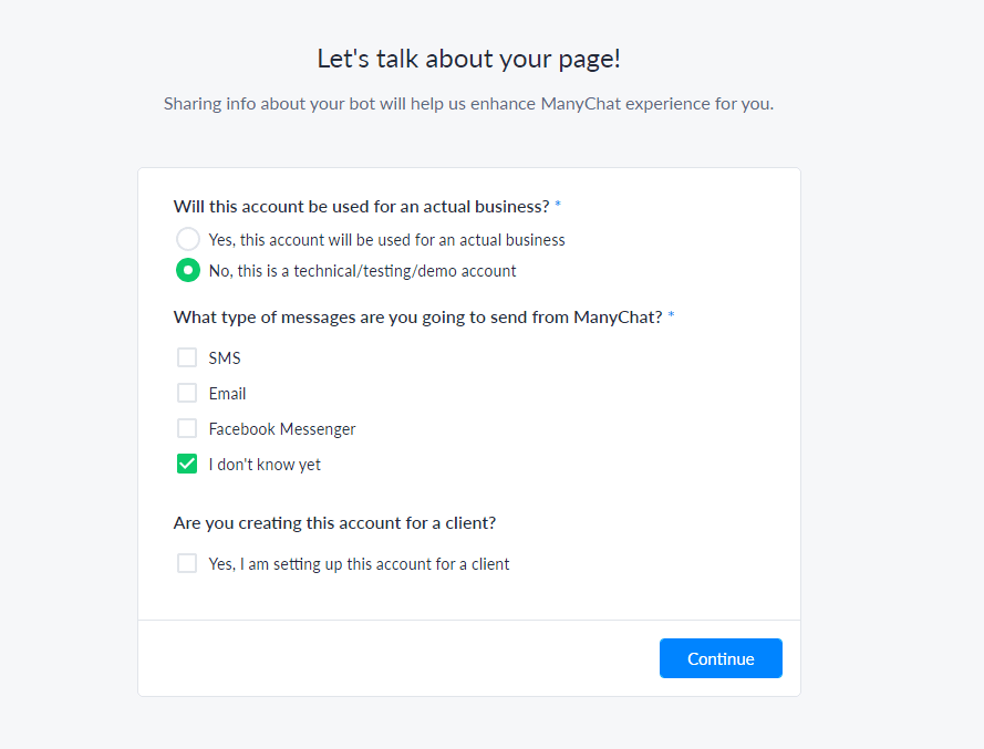 Этап заполнения информации об аккаунте. ManyChat