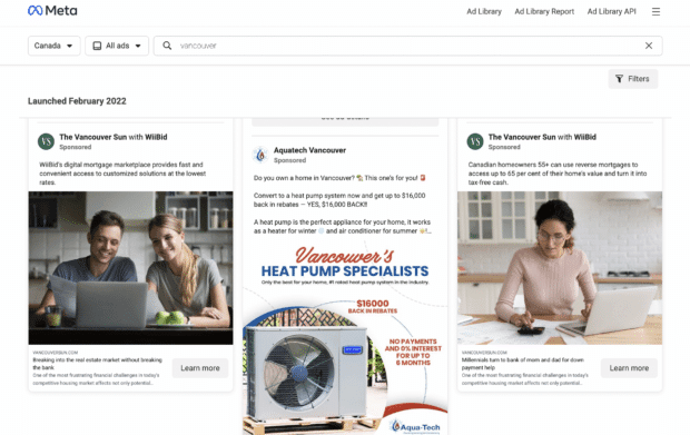 ads containing Vancouver as keyword in Facebook ad library