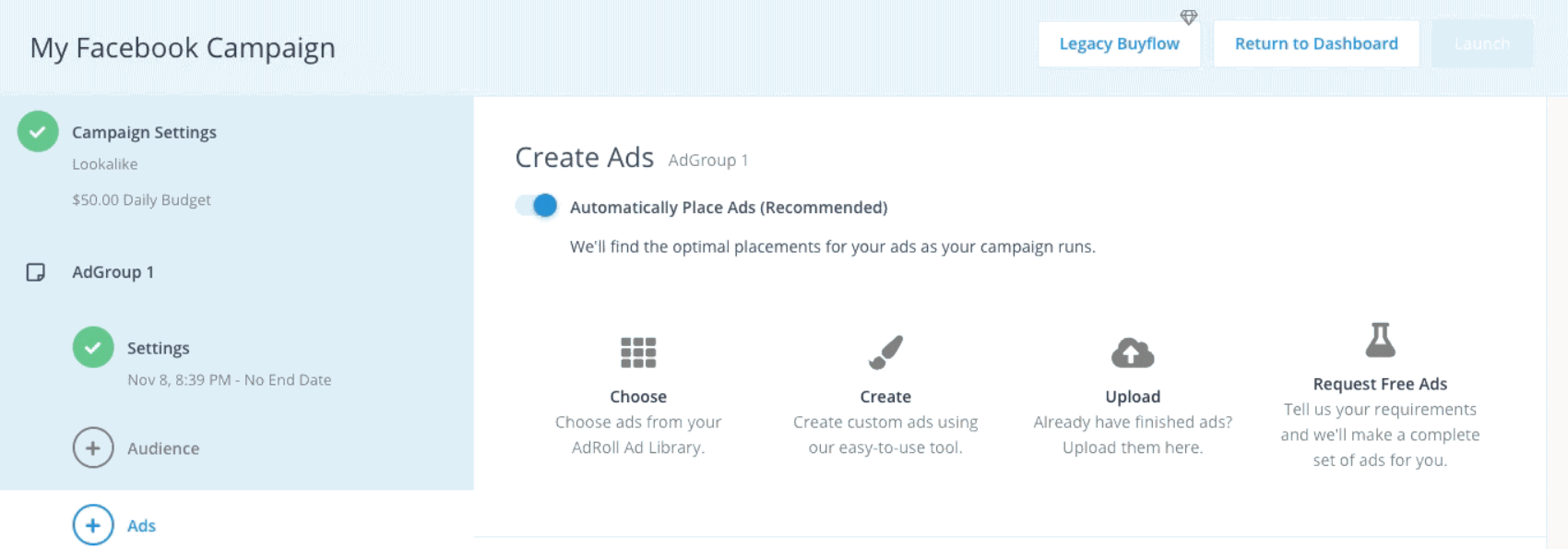 Screenshot of the Adroll facebook campaign dashboard.