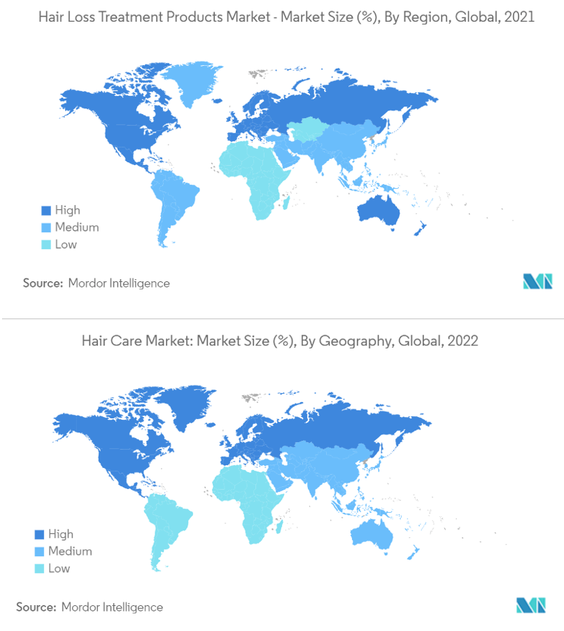 Сравнение рынков лечебных (верх) и уходовых (низ) средств для волос по данным Mordor Intelligence за 2021–2022 годы