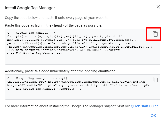 Copying the GTM snippet