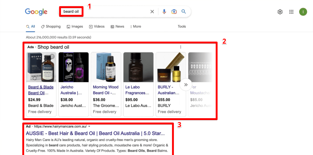 Beard oil search showing shopping and search ads placements