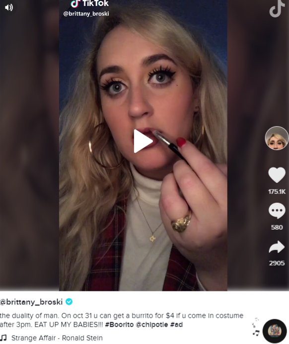 influencer brittany broski promoting chipotle's halloween offer on tiktok