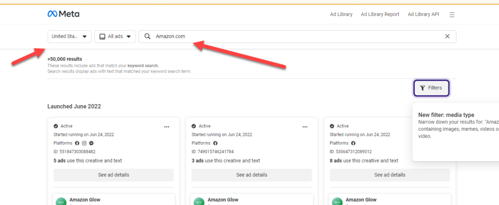 Amazon results in Facebook Ads Library