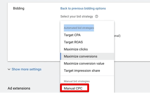 Choosing the manual CPC bid strategy