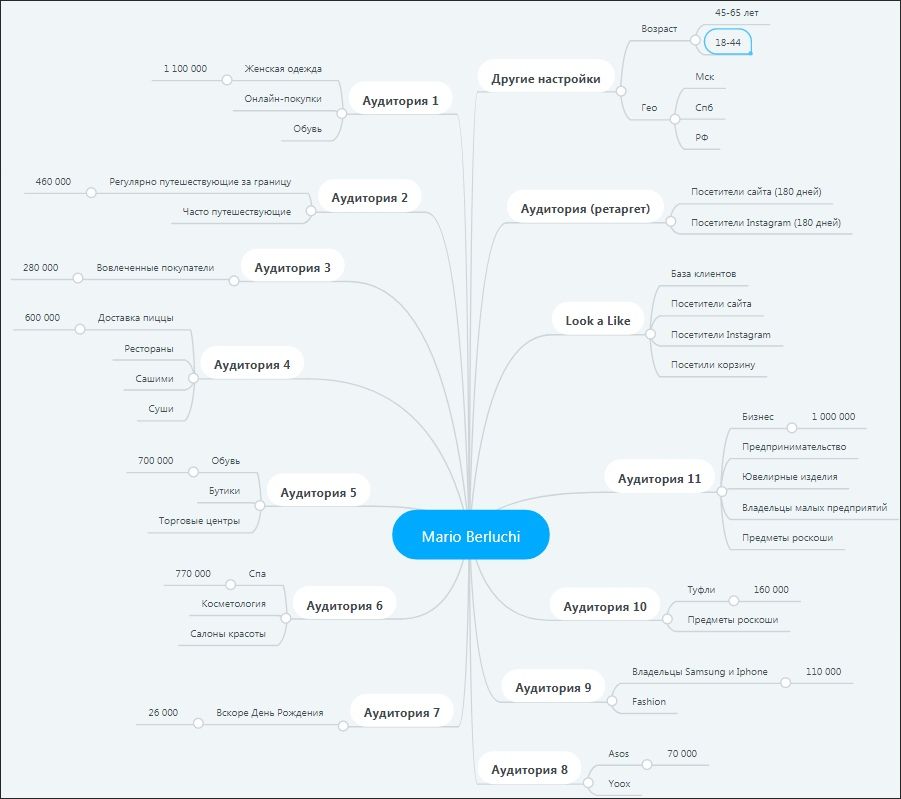 Майнд-карта аудиторий (сделана в MindMeister)