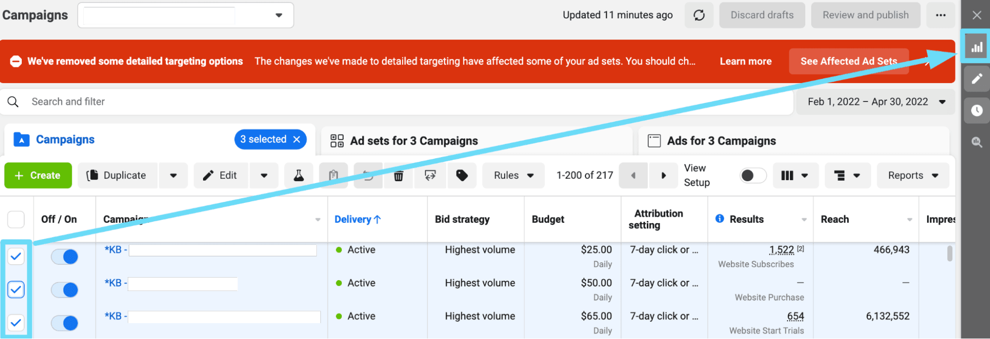 Facebook Ads Manager border lines