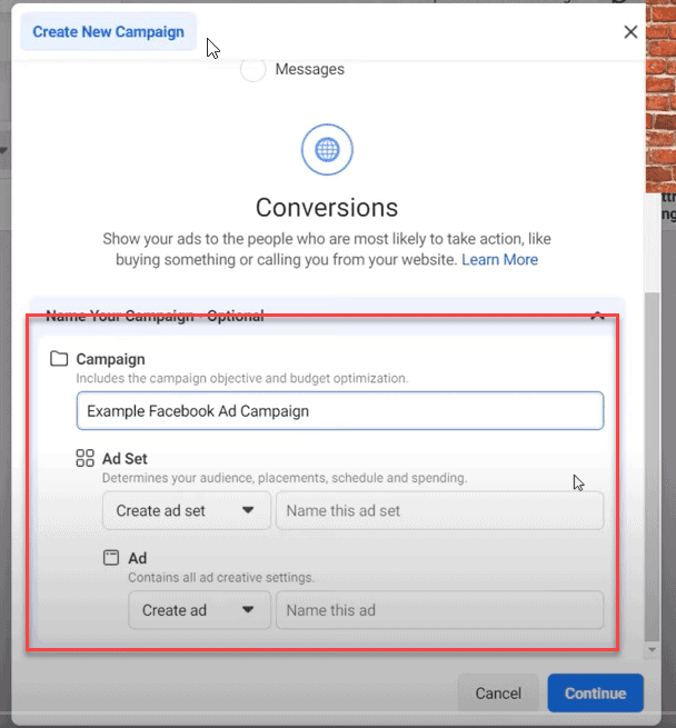 Name your Facebook ad campaign, ad set, and ad