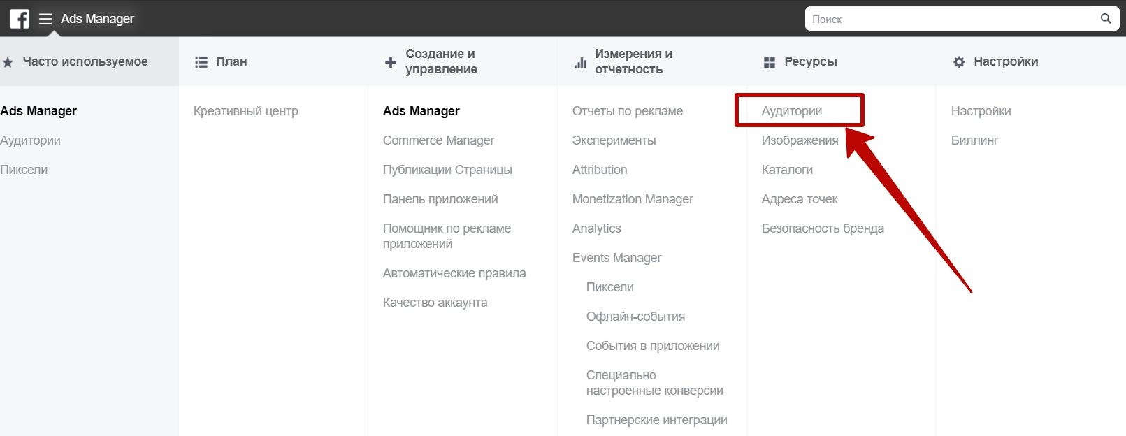 Пользовательские аудитории – меню Аудитории