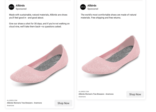 shoe ad from Allbirds in Facebook ad library