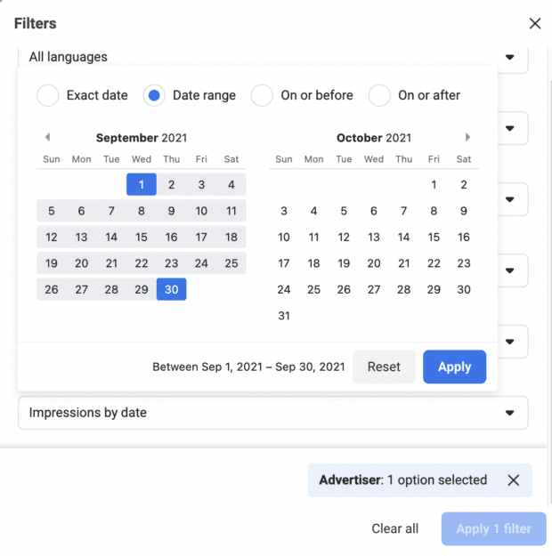 select date filter and range on Facebook ad library