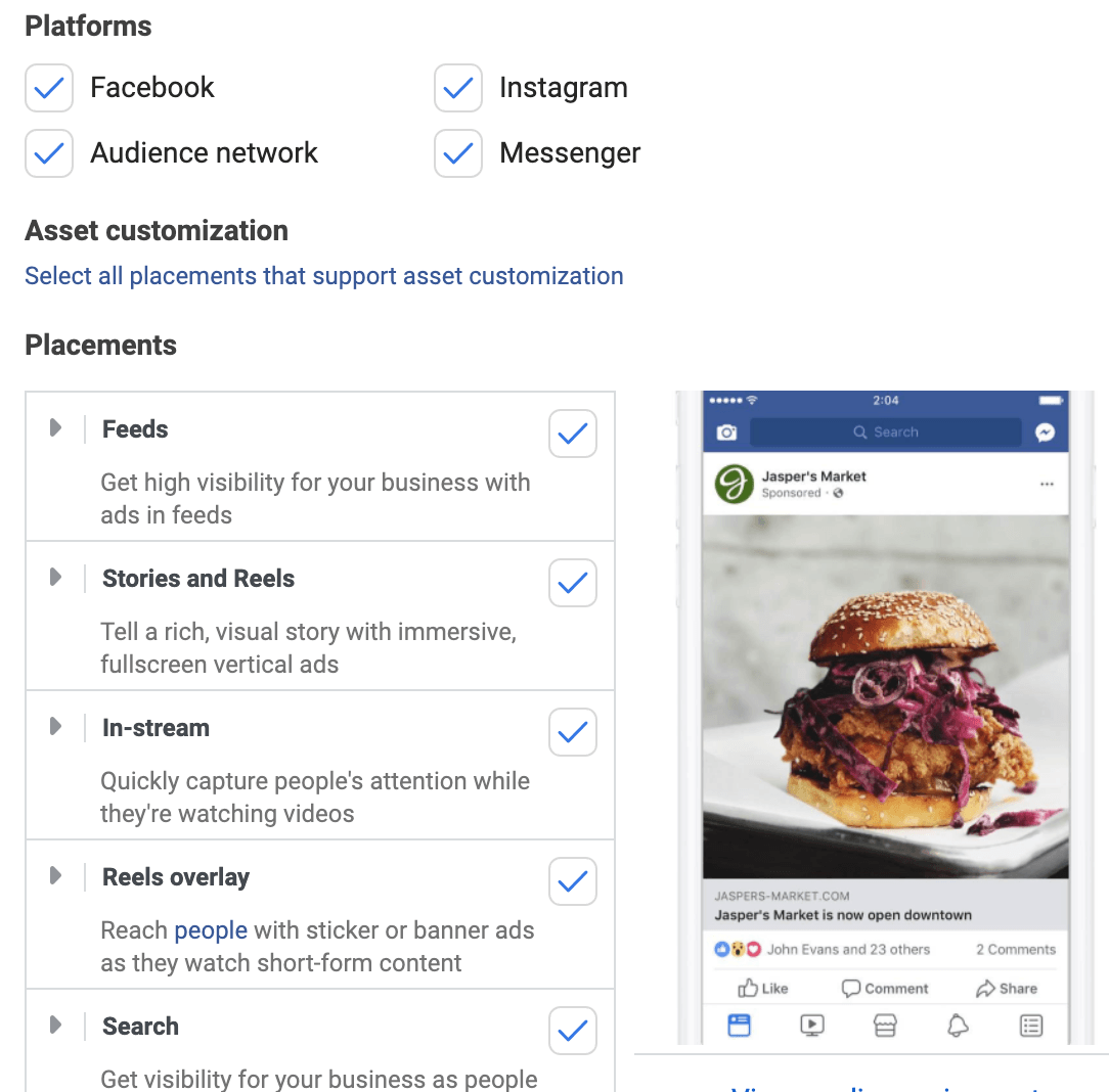 Facebook Ads Manager platform placement