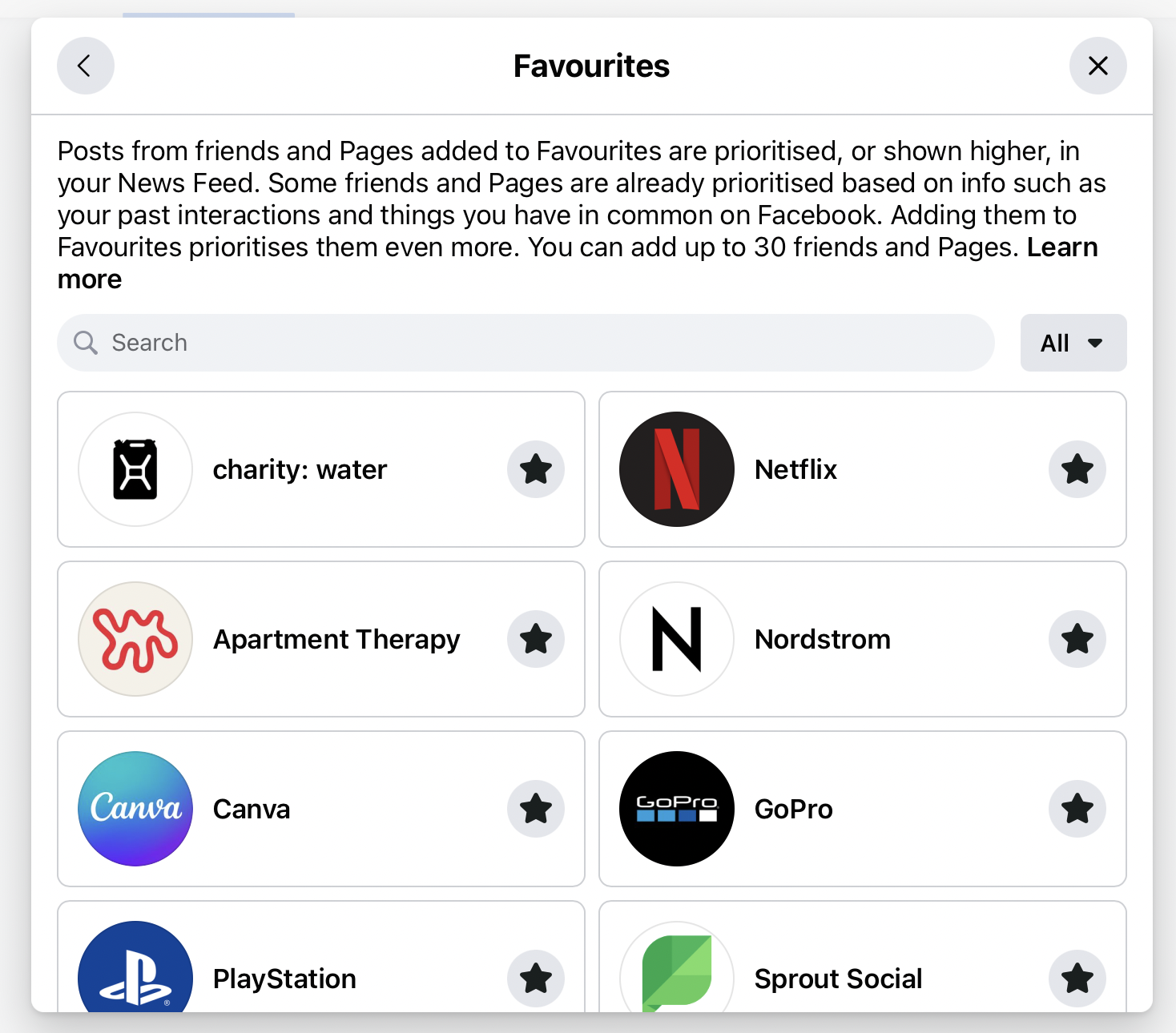 The Favorites window with followed pages that users can add to their favorites