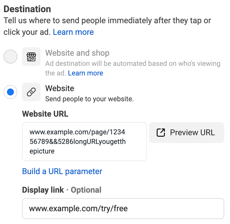 Facebook Ads Manager destination