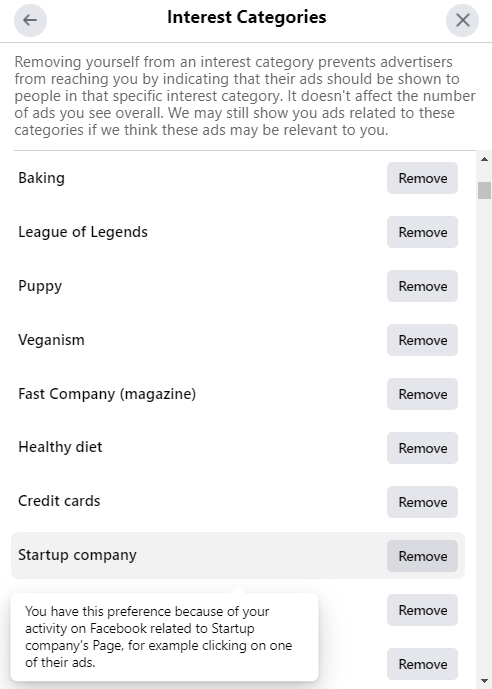 Facebook user interest categories