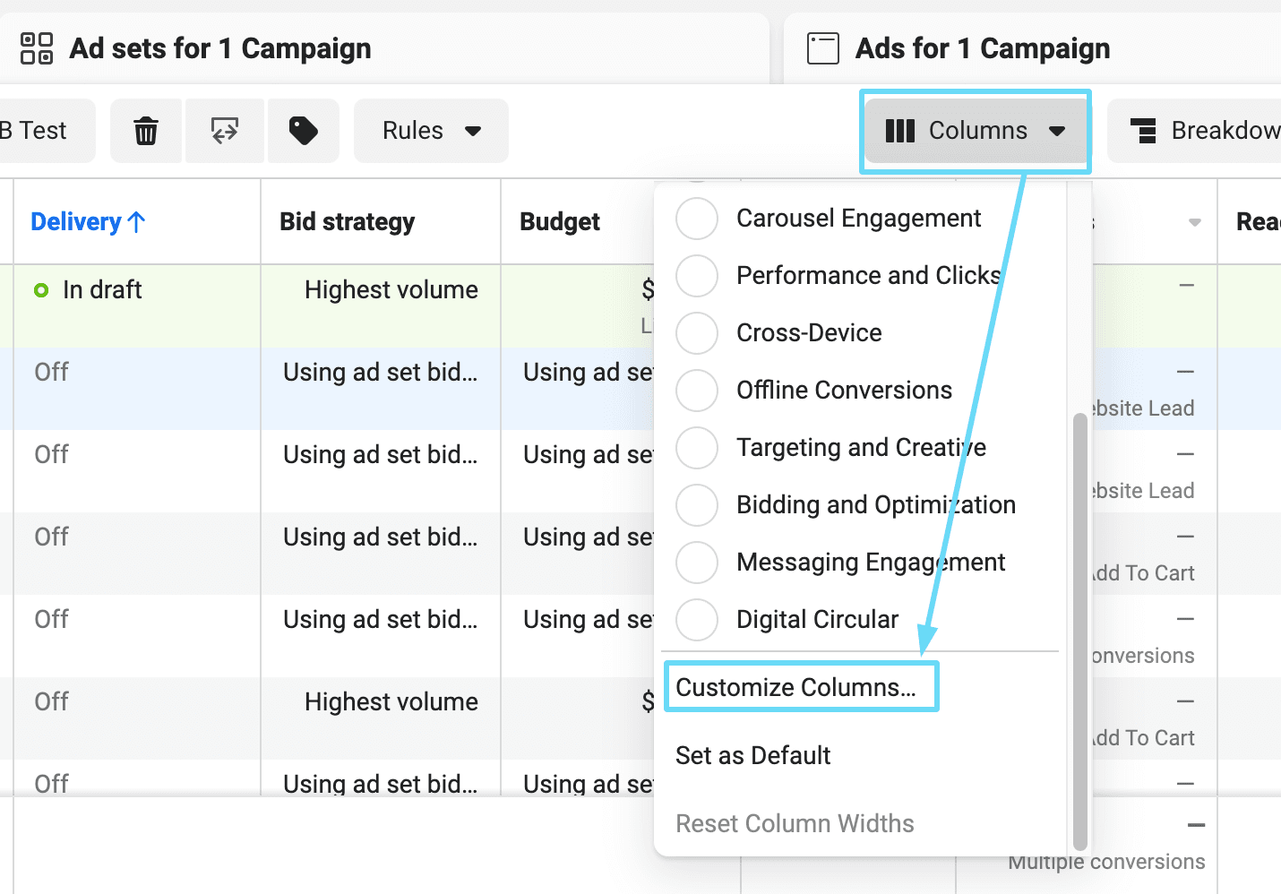 Facebook Ads Manager customize columns