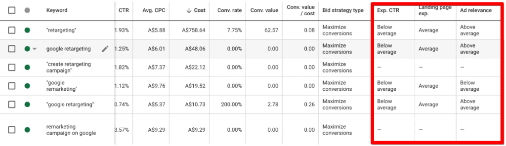 Quality score components columns in Google Ads