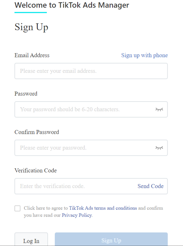 tiktok ads manager second step signup