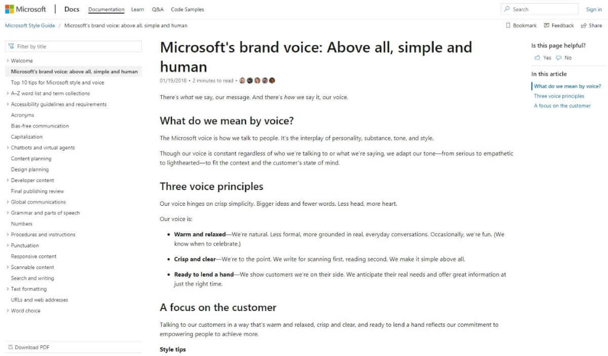 Пример гайдлайна от Microsoft – Microsoft's brand voice.