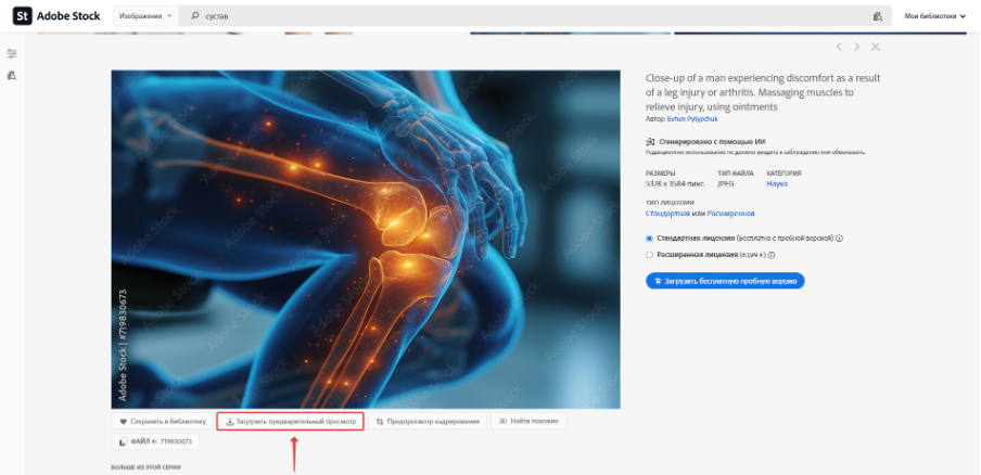 Пример загрузки изображения в фотостоке Adobe Stock