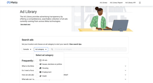 Facebook Ad Library home page