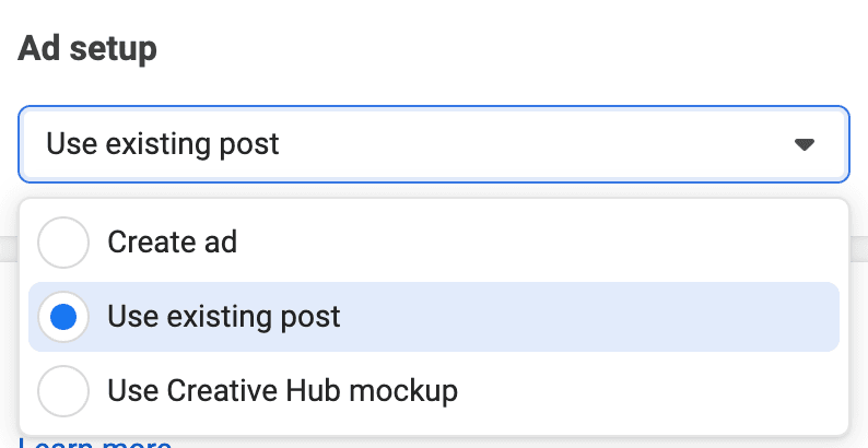 Facebook Ads Manager ad setup use existing post