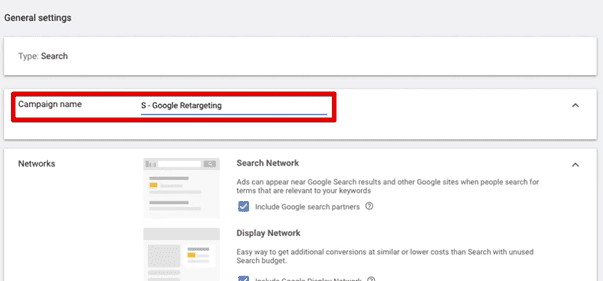 Naming the campaign S-Google Retargeting