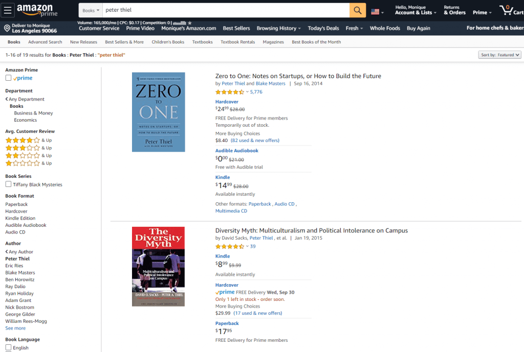 Example of Amazon results for Peter Thiel when researching interests for Facebook audience targeting.