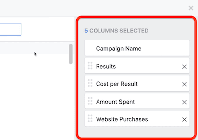 Создайте пользовательский отчет о снимке ROI в Facebook Ads Manager, шаг 3 Создайте пользовательский отчет о снимке ROI в Facebook Ads Manager, шаг 3