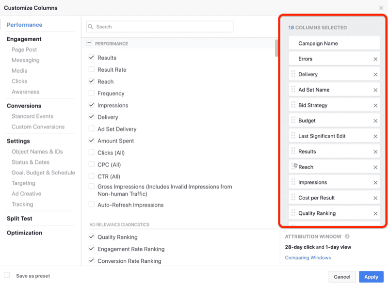 Создайте пользовательский отчет о снимке ROI в Facebook Ads Manager, шаг 1