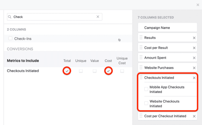 Создайте пользовательский отчет о снимке ROI в Facebook Ads Manager, шаг 4 Создайте пользовательский отчет о снимке ROI в Facebook Ads Manager, шаг 4