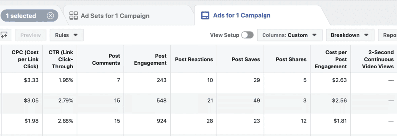 Создайте пользовательский отчет о проделанной работе в Facebook Ads Manager, шаг 6 Создайте пользовательский отчет о проделанной работе в Facebook Ads Manager, шаг 6