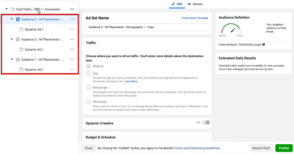 Accessing the audience sets and dynamic ads in an automated campaign on Facebook Ads Manager Accessing the audience sets and dynamic ads in an automated campaign on Facebook Ads Manager