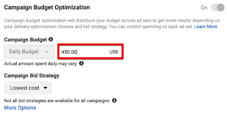 Accessing the campaign budget optimization to set the daily budget of a campaign in Facebook Ads Manager Accessing the campaign budget optimization to set the daily budget of a campaign in Facebook Ads Manager