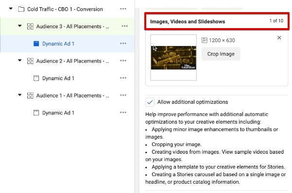 Configuring images, videos, and slideshows to a dynamic ad on a CBO campaign Configuring images, videos, and slideshows to a dynamic ad on a CBO campaign