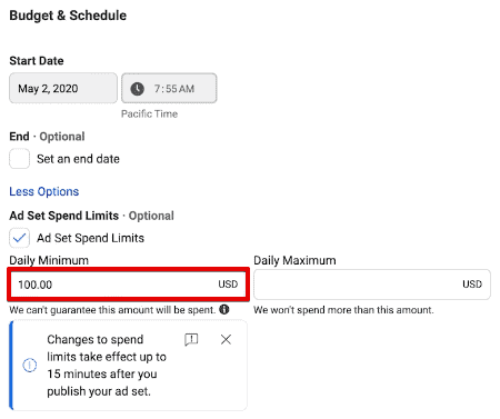 Utilizing the budget and schedule to set the daily minimum and maximum spending of a campaign in Facebook Ads Manager Utilizing the budget and schedule to set the daily minimum and maximum spending of a campaign in Facebook Ads Manager