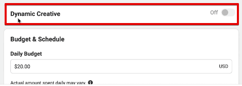 Verifying the dynamic creative option turned off to test the creatives manually in Facebook Ads Manager Verifying the dynamic creative option turned off to test the creatives manually in Facebook Ads Manager
