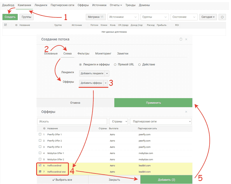 Создание кампании в трекере для распределения трафика на офферы
