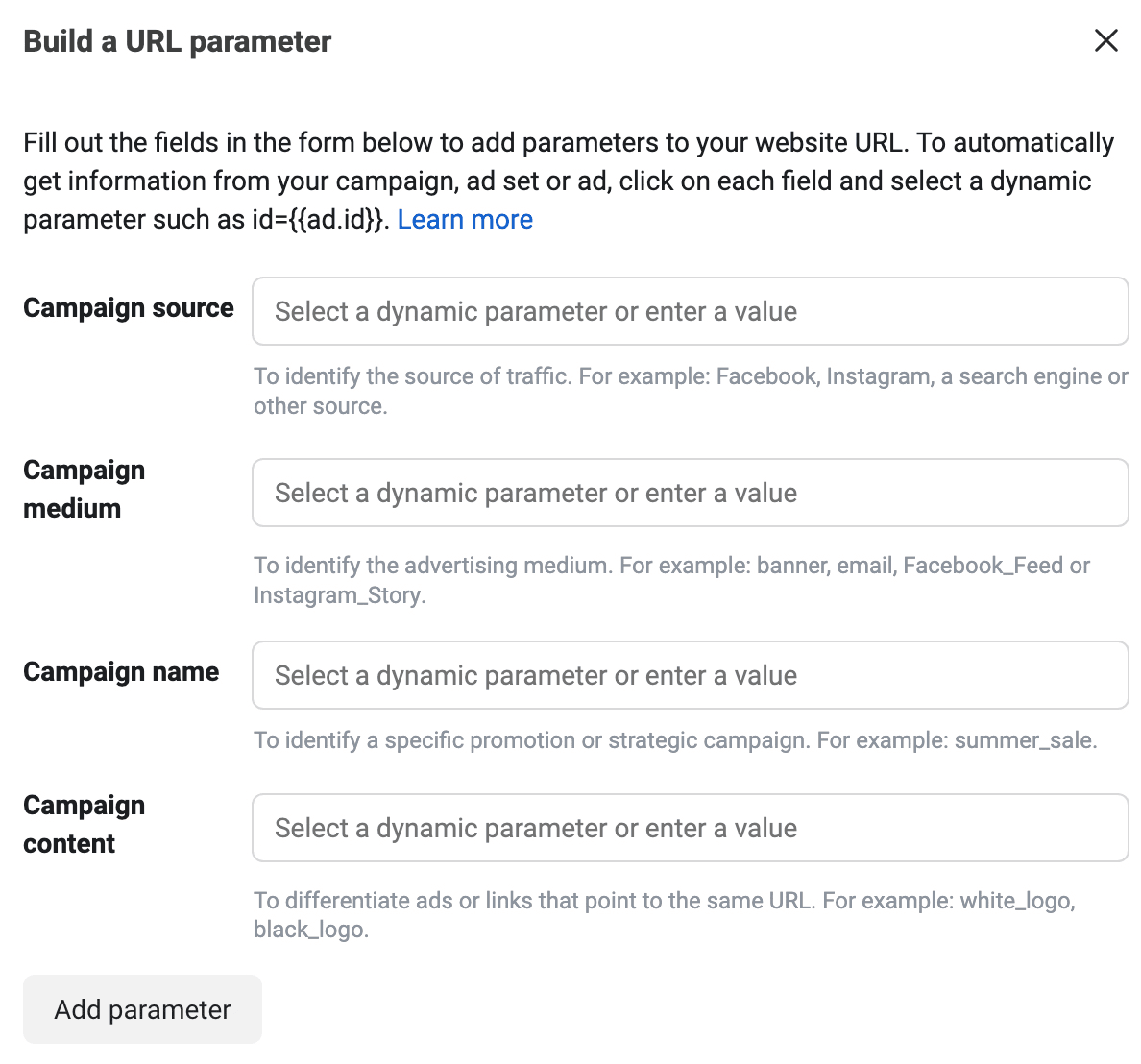 image of Build a URL Parameter box in Ads Manager image of Build a URL Parameter box in Ads Manager