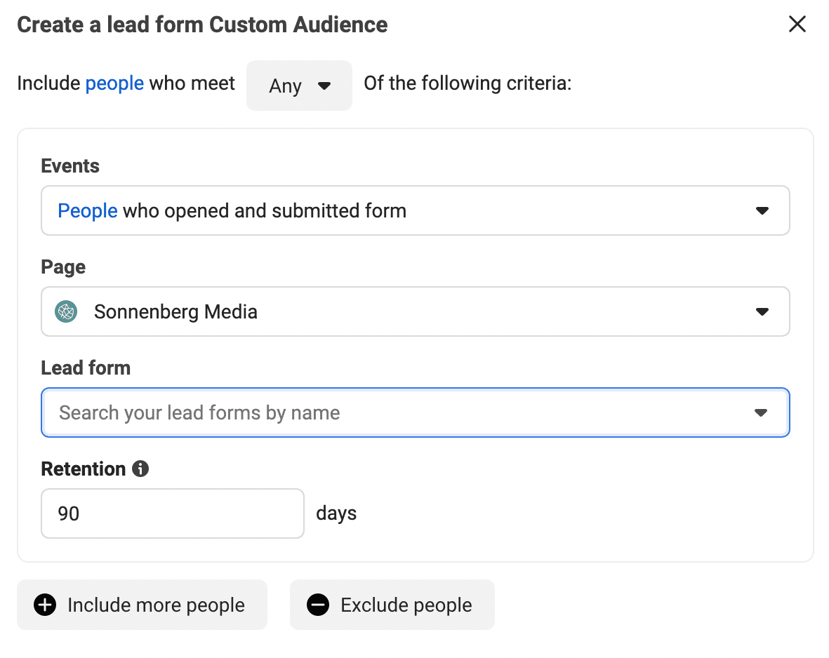 image of Create a Lead Form Custom Audience dialog box in Ads Manager image of Create a Lead Form Custom Audience dialog box in Ads Manager