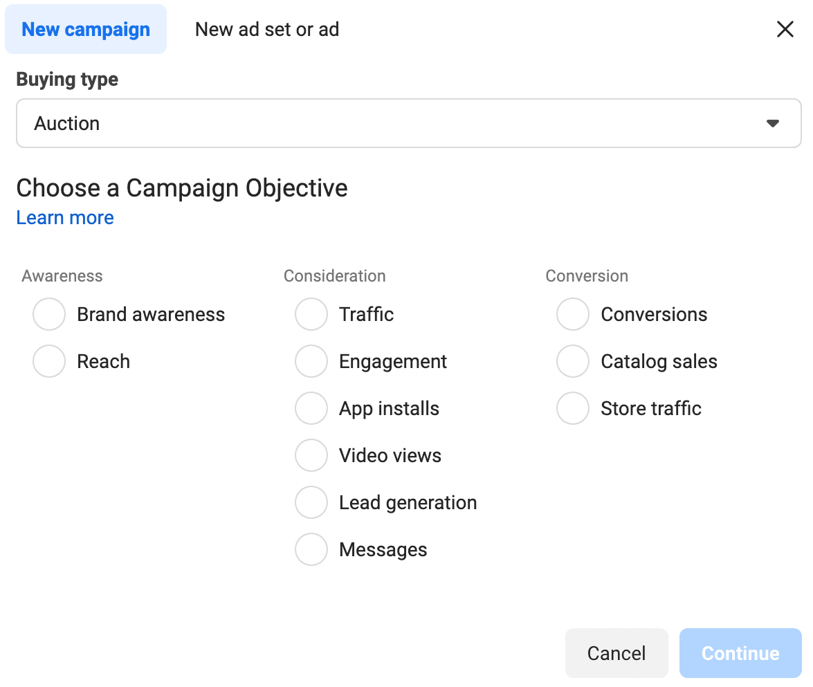 image of Facebook campaign objectives before introduction of ODAX image of Facebook campaign objectives before introduction of ODAX