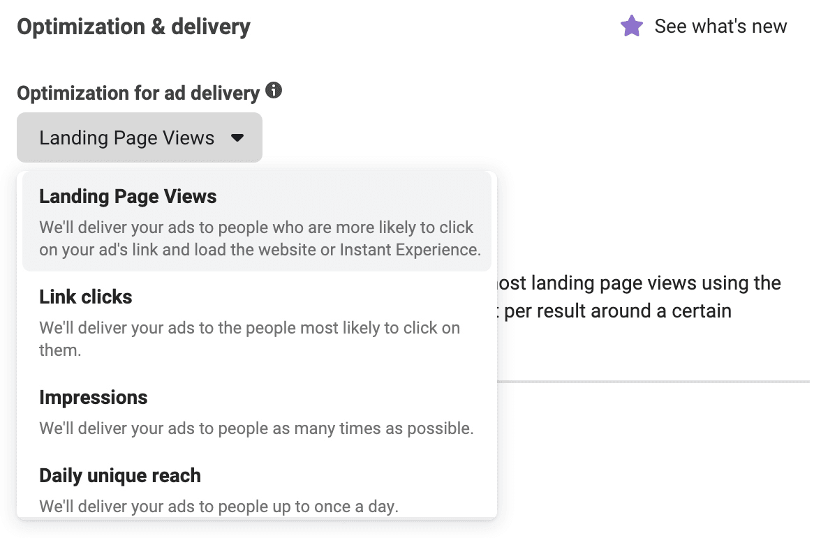 image of Optimization for Ad Delivery drop-down list in Ads Manager image of Optimization for Ad Delivery drop-down list in Ads Manager
